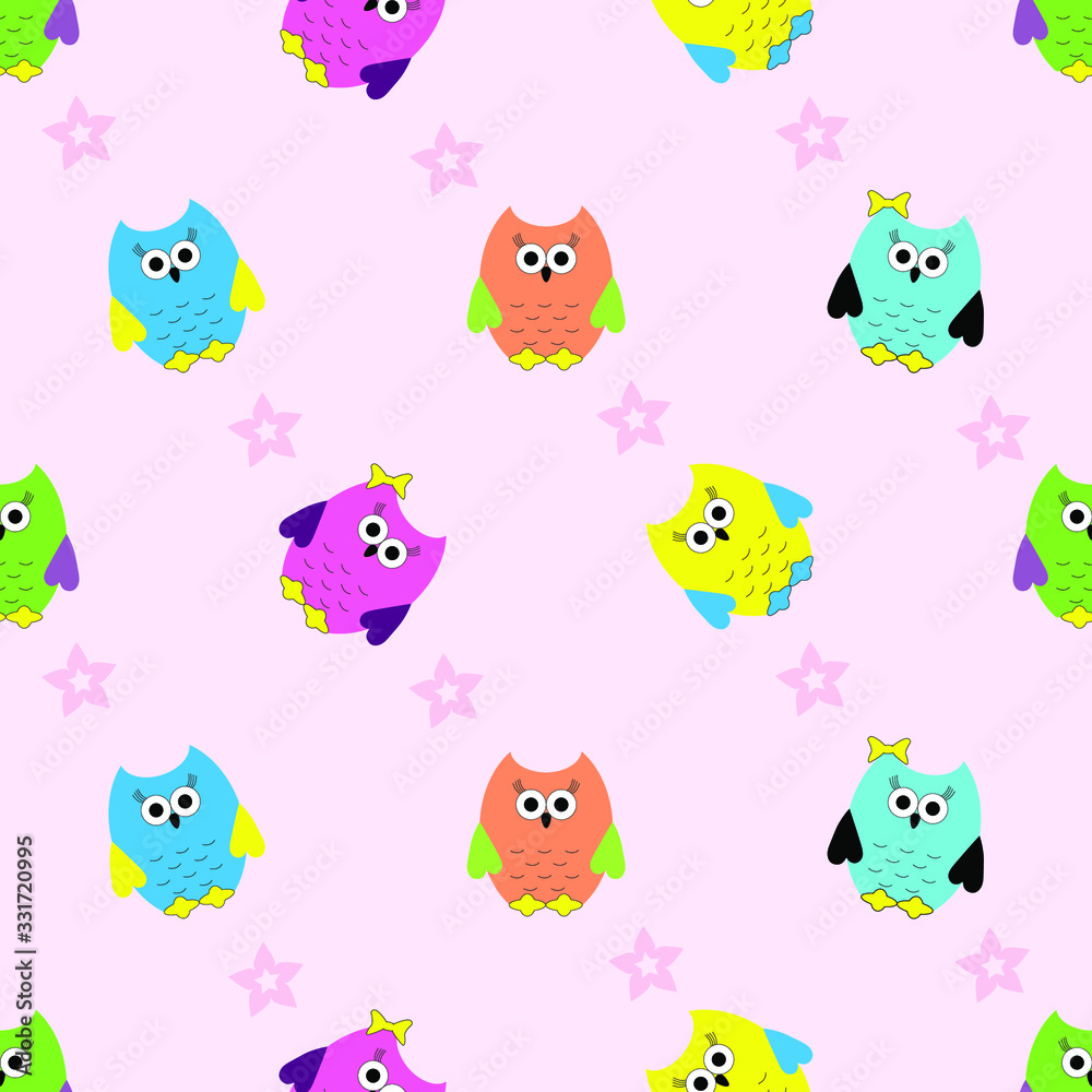 Seamless pattern with multicolored owls on pink background. Children print