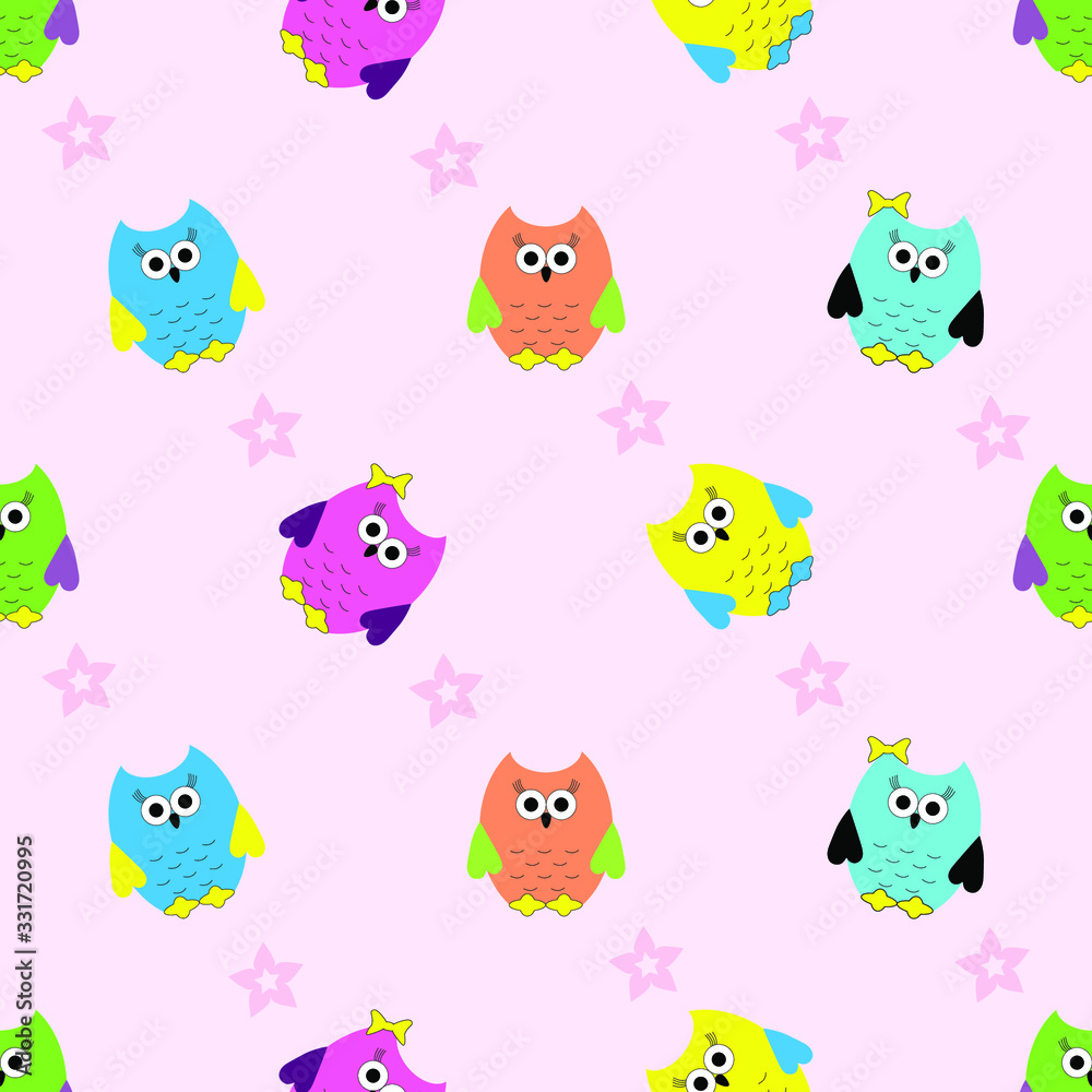 Seamless pattern with multicolored owls on pink background. Children print Seamless pattern with multicolored owls on pink background. Children print