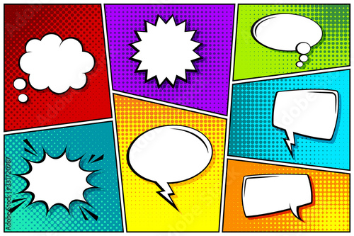 Cartoon comic backgrounds set. Speech bubble. Comics book colorful poster with halftone elements. Retro Pop Art style. Vector illustration.