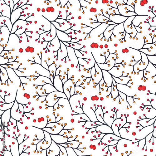 Hand drawn seamless pattern vector of branches, red and orange berries on white background. Doodle illustration for design cards, invitations, wallpaper, wrapping paper, fabric, textile, packaging