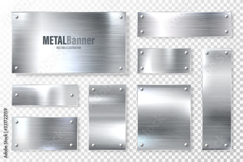 Realistic shiny metal banners set. Brushed steel plate. Polished silver metal surface. Vector illustration.