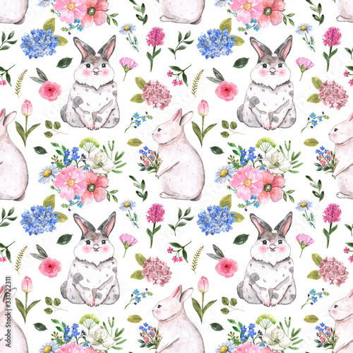 Cute rabbits and flowers seamless pattern. Watercolor Happy Easter print for holiday design. Hand painted baby bunny illustration on white background. Nursery wallpaper