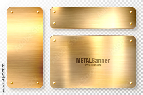 Realistic shiny metal banners set. Brushed steel plate. Polished copper metal surface. Vector illustration.