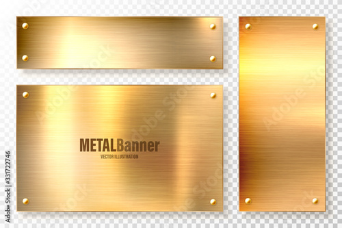 Realistic shiny metal banners set. Brushed steel plate. Polished copper metal surface. Vector illustration.