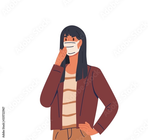 Girl wearing face mask. Virus prevention. Coronavirus epidemic, pandemic protection. Female character in medical mask isolated on white background. Vector illustration in flat cartoon style