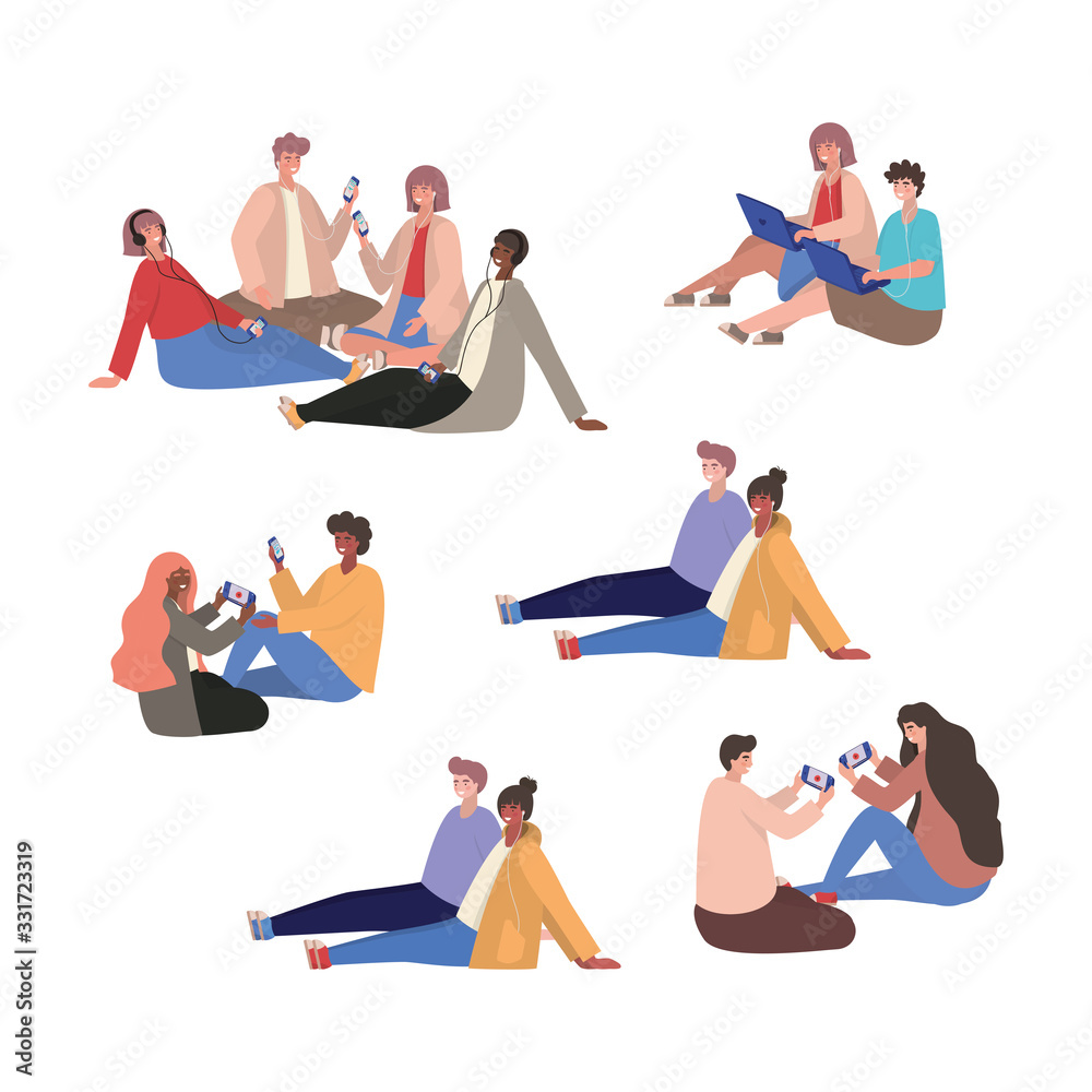 Girls and boys with smartphones vector design
