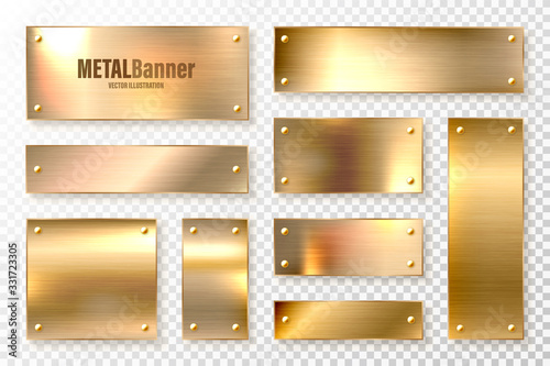 Realistic shiny metal banners set. Brushed steel plate. Polished copper metal surface. Vector illustration.