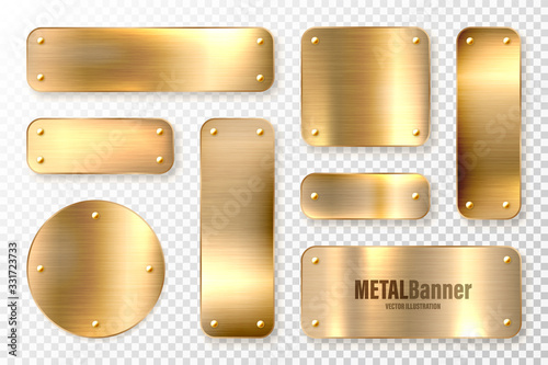 Realistic shiny metal banners set. Brushed steel plate. Polished copper metal surface. Vector illustration.