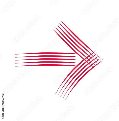 Red forward or right pointing pen drawn arrow icon sketched as vector symbol..