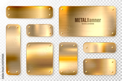 Realistic shiny metal banners set. Brushed steel plate. Polished copper metal surface. Vector illustration.