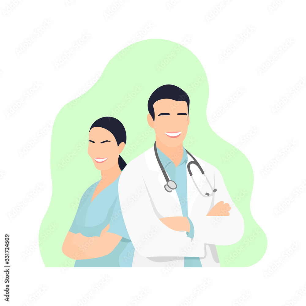 Smiling male doctor and female nurse. Man with stethoscope. Set of medical team professionals or staff. Professional worker. Healthcare workers. Coronavirus hospital jobs. Flat character illustration. Smiling male doctor and female nurse. Man with stethoscope. Set of medical team professionals or staff. Professional worker. Healthcare workers. Coronavirus hospital jobs. Flat character illustration.