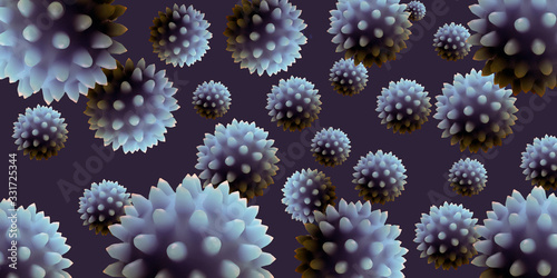 Flu or HIV coronavirus floating in fluid microscopic view, pandemic or virus infection concept. Virus close-up