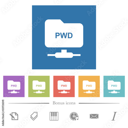 FTP print working directory flat white icons in square backgrounds