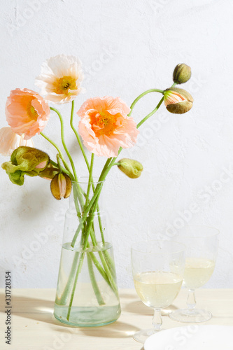Spring Flowers, Pink Poppies with White Wine