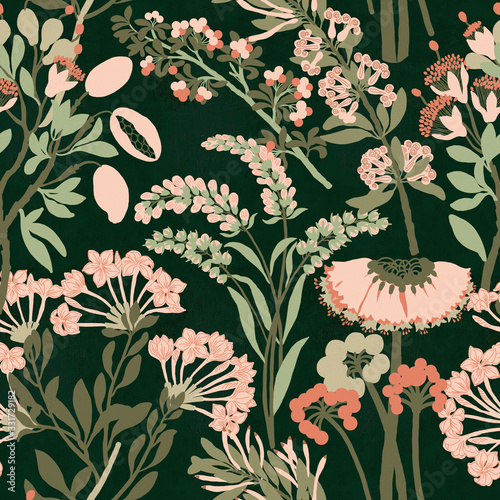 Seamless floral wallpaper. Stylized flowers, plants on the dark background.Folk art. photo