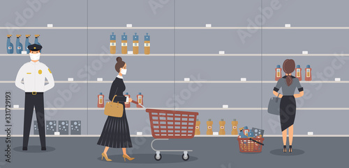 Household chemicals store is open during epidemic of virus. Security guard in protective medical mask and customers selects products for disinfection and cleaning on half-empty shelves.Vector