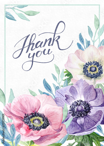 postcard watercolor of an anemone with gratitude