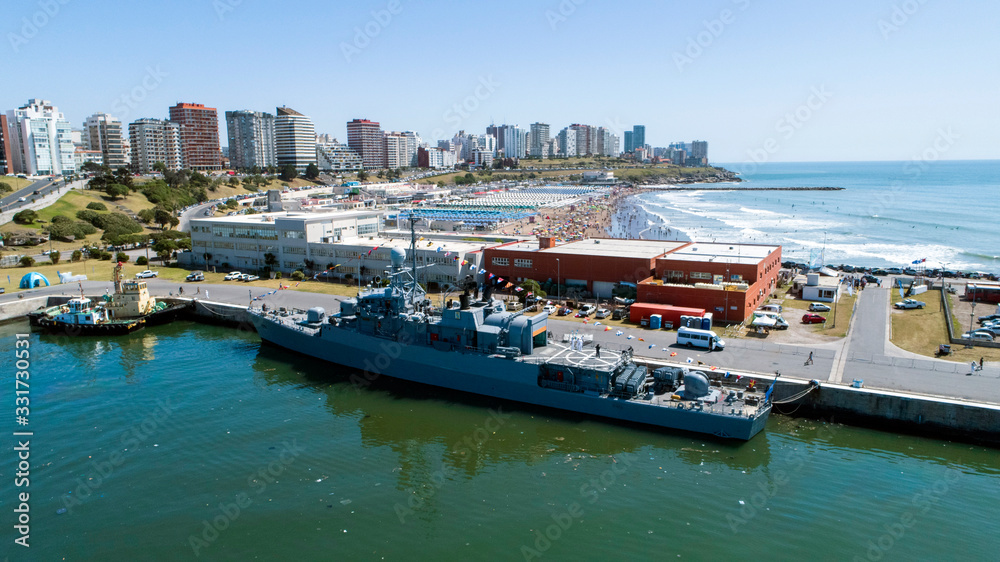 Warship in port with city background. Buenos Aires - Argentima.