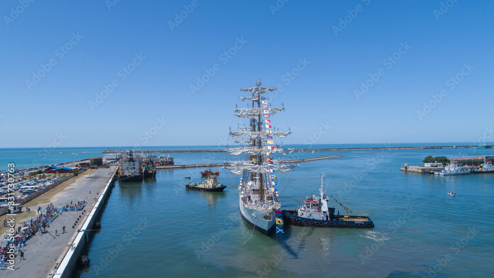 Aerial plan of freedom frigate arriving in port. Buenos Aires - Argentima. Aerial plan of freedom frigate arriving in port. Buenos Aires - Argentima.