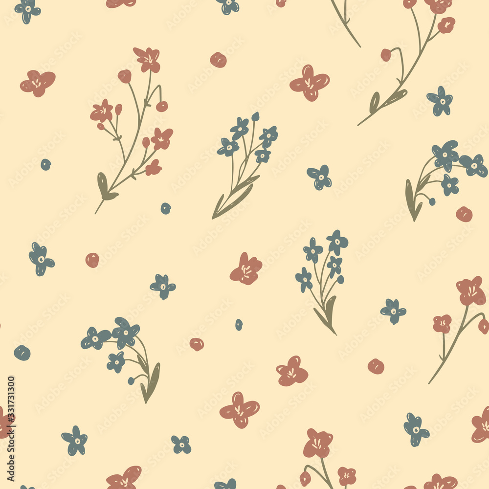 Wild Flowers vector seamless pattern.  Cute and tender flowers. Forget-me-not pattern on yellow background for wrapping paper, fabric, textile, wallpaper, home decor