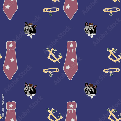 Seamless hand drawn pattern with men's fashion accessories. Fashionable silk tie, gold pin with jewelry pendant star. Beautiful golden tie clip with emerald star and moon. Cartoon raccoon.