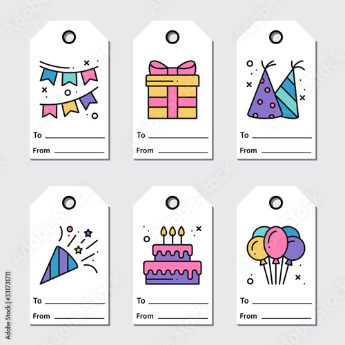 Birthday tags design on white background. Collection of party greeting cards in line style. Cute set for anniversary or birthday.