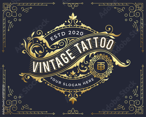 golden vintage badge logo design with flourish ornament 