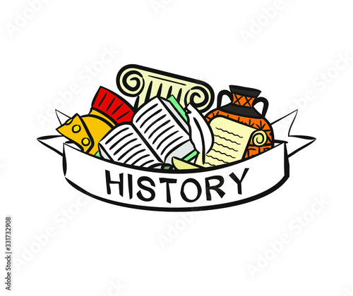 Education Poster in hand drawn style. History elements whith white ribbon for text. Vector Template for design on the theme of training, education, history, university, school, college