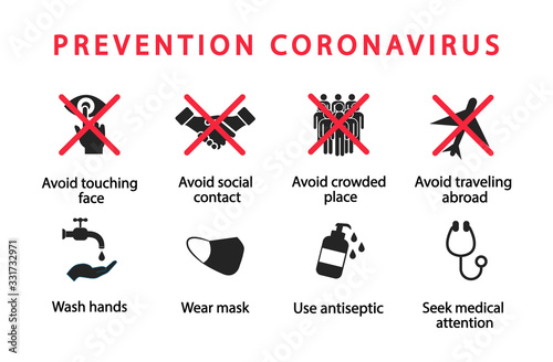 Prevention coronavirus icons. 2019-nCoV. Dangerous virus, pandemic. Vector