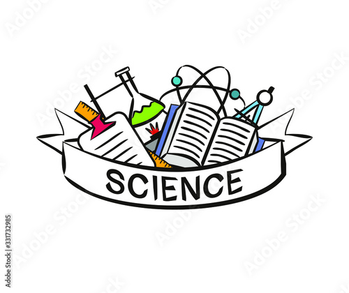 Education Poster in hand drawn style. Science elements whith white ribbon for text. Vector Template for design on the theme of training, education, science, university, school, college