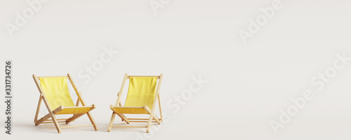 Five yellow wooden beach chairs on white background. Vacation. 3d
