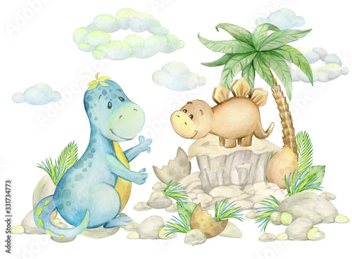 Dinosaurs, tropical leaves, pine trees, clouds, rocks. Watercolor prehistoric world, on an isolated background.
