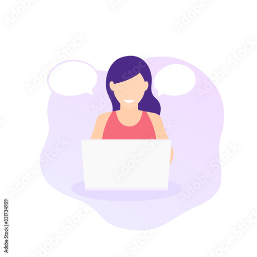 young girl working with laptop, vector