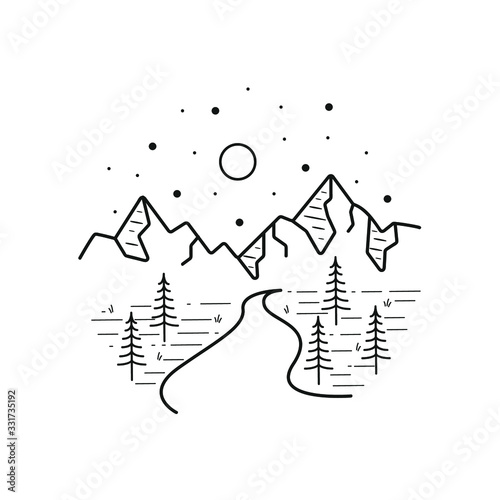 mountain line art with emblems. Summer vector illustrations. Design for t-shirt, stamp, label, logo, etc. isolated vector graphic.