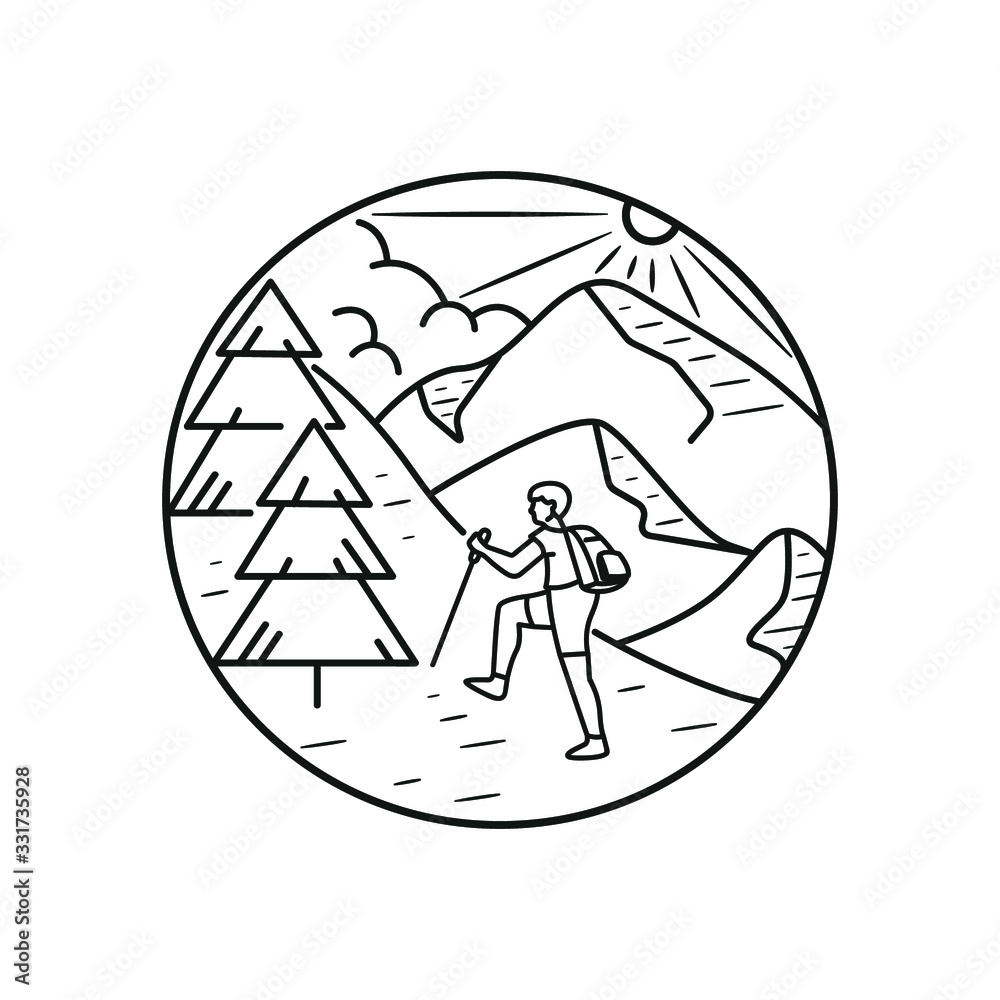 mountain line art with emblems. Summer vector illustrations. Design for t-shirt, stamp, label, logo, etc. isolated vector graphic.