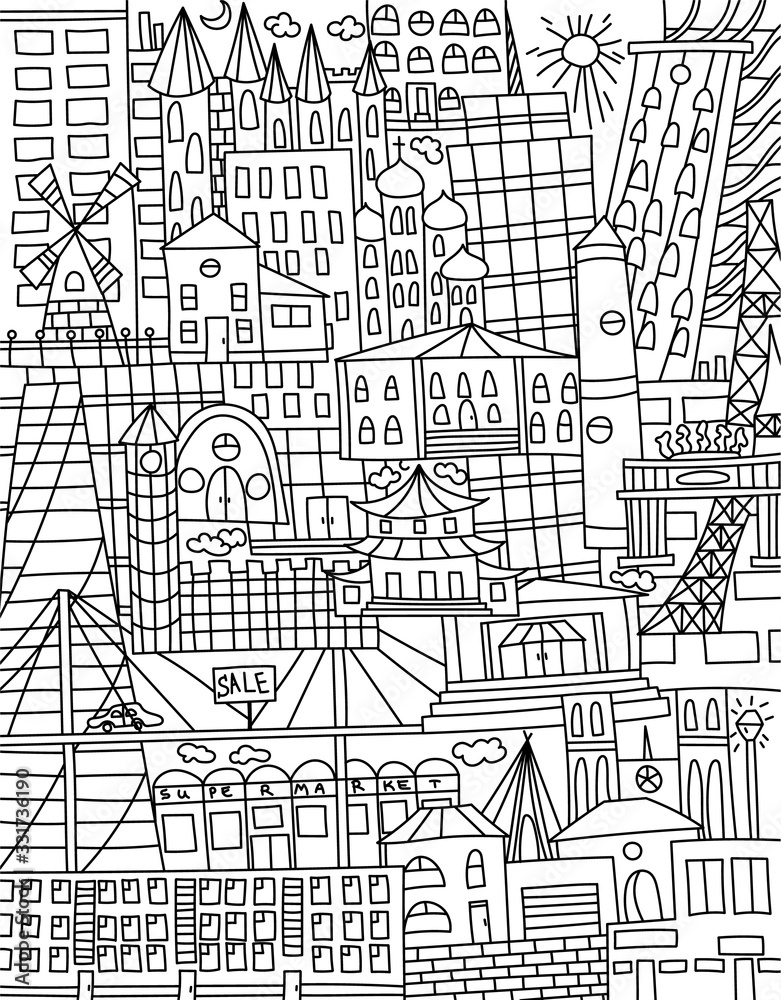 Black an white doodle with houses of different cultures and attractions. Line art.
