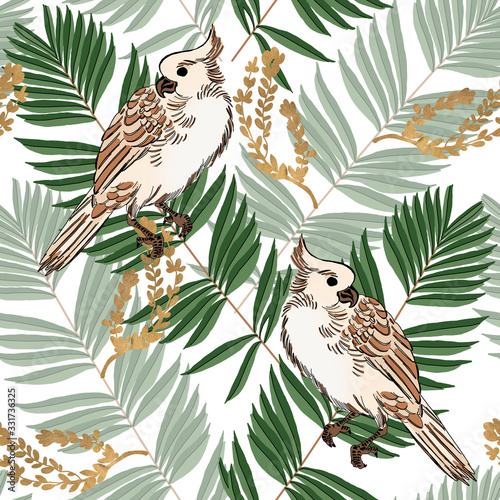 Colorful parrots and exotic plants.Tropical leaves on white background.Seamless pattern.