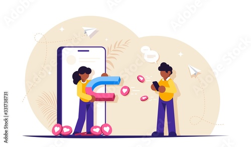 Social media marketing. Get more likes concept illustration. People with a magnet attracts likes to her social media page. People uses a mobile phone. Modern flat vector illustration.