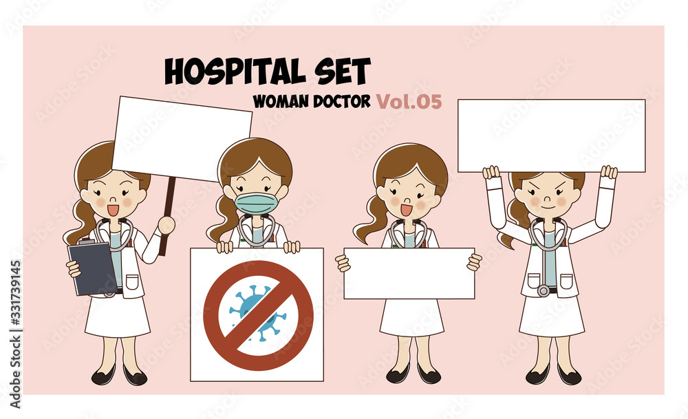 Woman doctor cartoon style set. illustration isolated. Hospital set. Doctor with blank white banner. Vol.05 Woman doctor cartoon style set. illustration isolated. Hospital set. Doctor with blank white banner. Vol.05