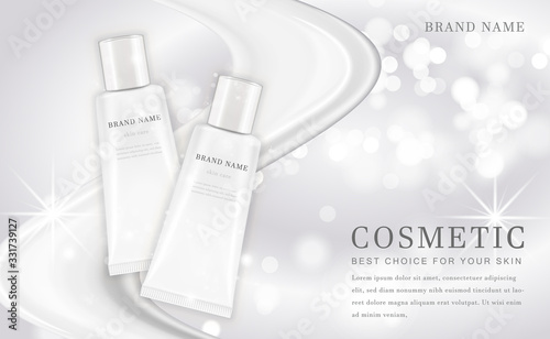 Vector 3D cosmetic make up illustration product bottle with elegant white shiny background