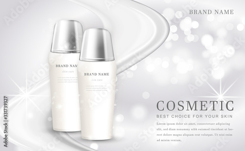 Vector 3D cosmetic make up illustration product bottle with elegant white shiny background