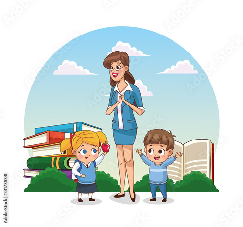 happy teachers day card with teacher and students in the field