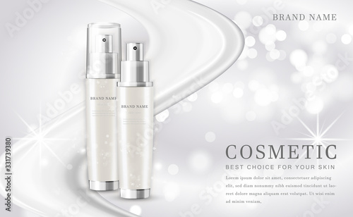 Vector 3D cosmetic make up illustration product bottle with elegant white shiny background
