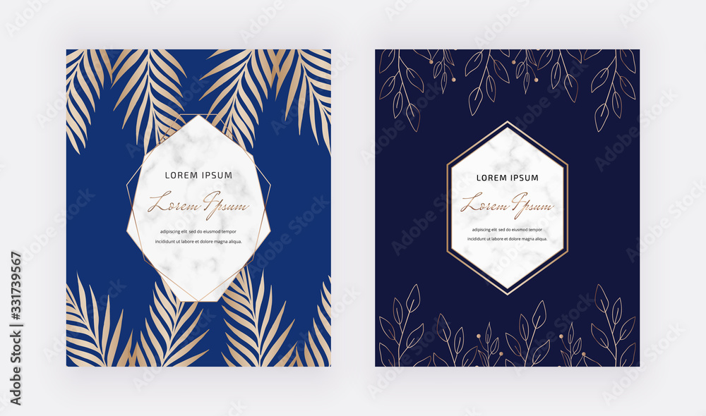 Geometric navy blue cards with golden leaves, lines and marble frames ...