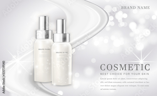 Vector 3D cosmetic make up illustration product bottle with elegant white shiny background