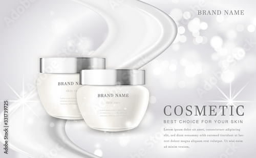 Vector 3D cosmetic make up illustration product bottle with elegant white shiny background