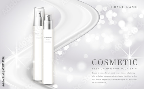 Vector 3D cosmetic make up illustration product bottle with elegant white shiny background