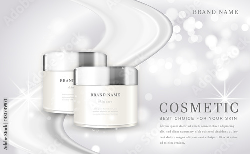 Vector 3D cosmetic make up illustration product bottle with elegant white shiny background