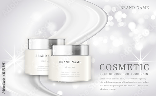 Vector 3D cosmetic make up illustration product bottle with elegant white shiny background