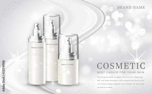 Vector 3D cosmetic make up illustration product bottle with elegant white shiny background